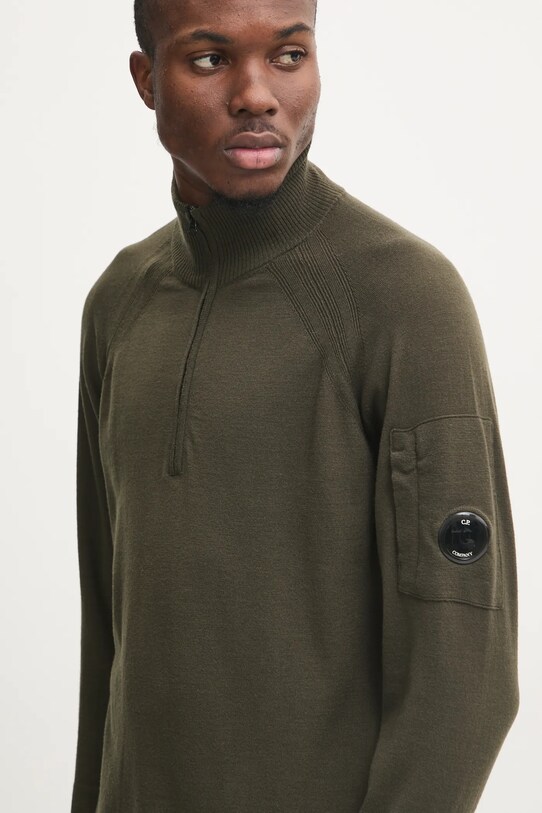 C.P. Company sweter wełniany Extra Fine Merino Wool Half Zipped Knit zielony 17CMKN193A005528A