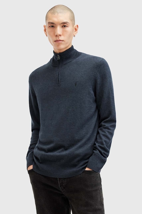 Vlnený sveter AllSaints KILBURN ZIP FUNNEL s prímesou vlny tmavomodrá M082KB