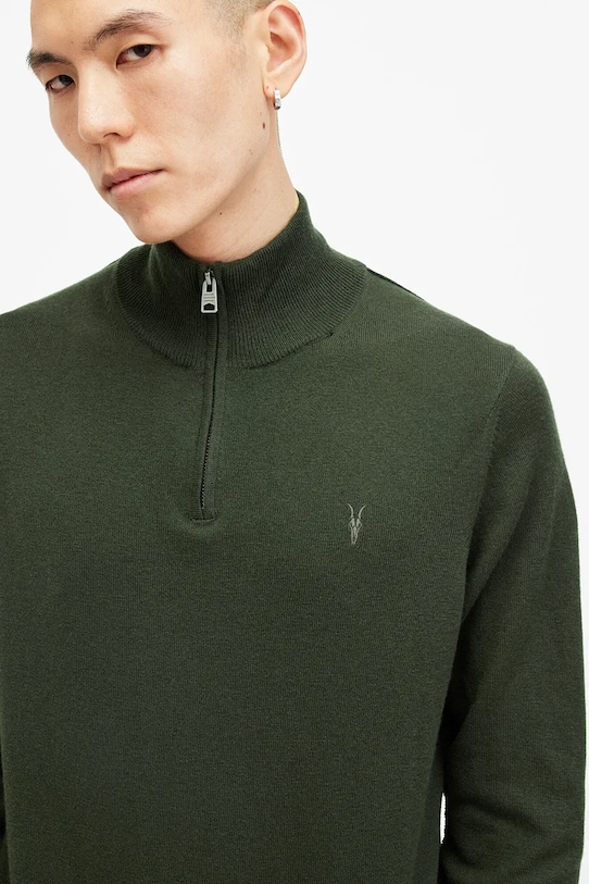 AllSaints sweter wełniany KILBURN ZIP FUNNEL M082KB zielony AW24