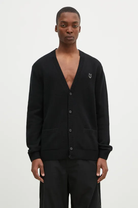 Vuneni kardigan Maison Kitsuné Bold Fox Head Patch bez uzorka crna NM00506KT1006