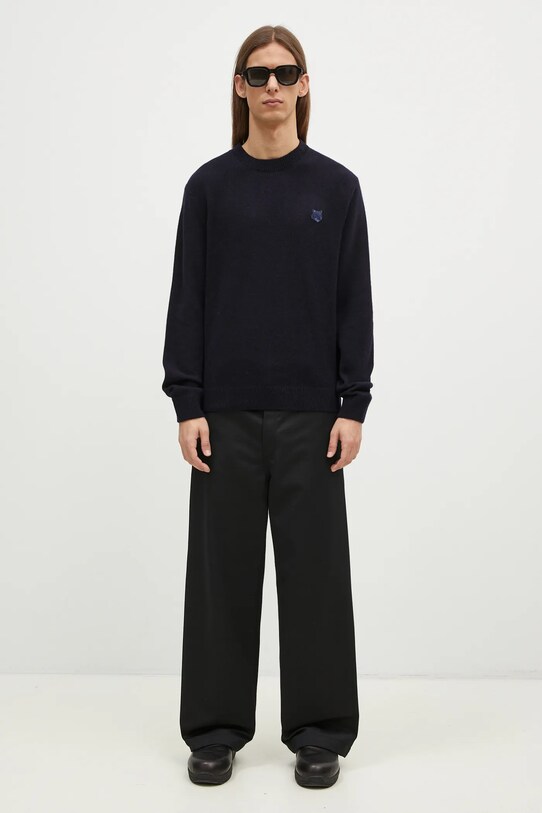 Vlněný svetr Maison Kitsuné Bold Fox Head Patch NM00805KT1006 námořnická modř