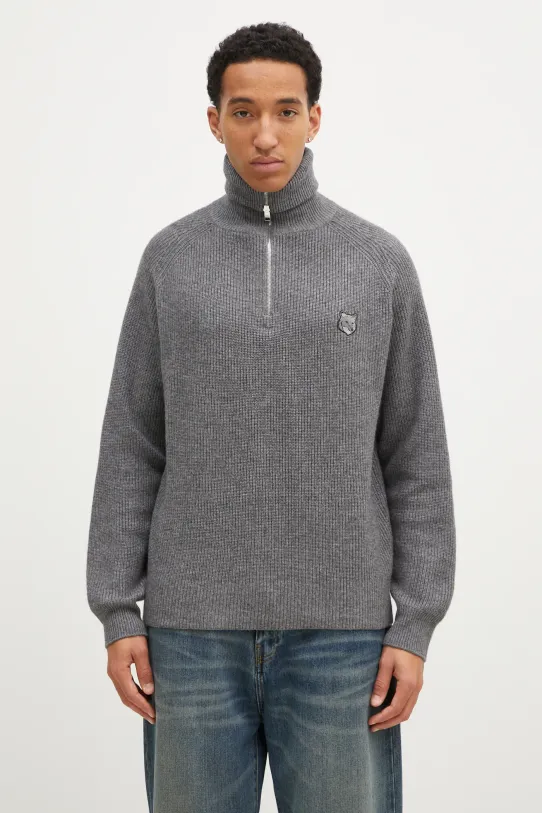 Вълнен пуловер Maison Kitsuné Bold Fox Head Patch изчистен сив LM00807KT1093