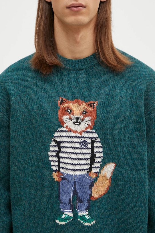 Vlnený sveter Maison Kitsuné Dressed Fox Intarsia zelená NM00809KH0002