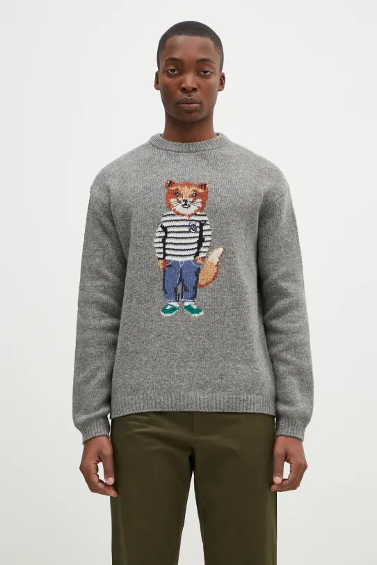 Maison Kitsuné woolen jumper Dressed Fox Intarsia round neck gray NM00809KH0002