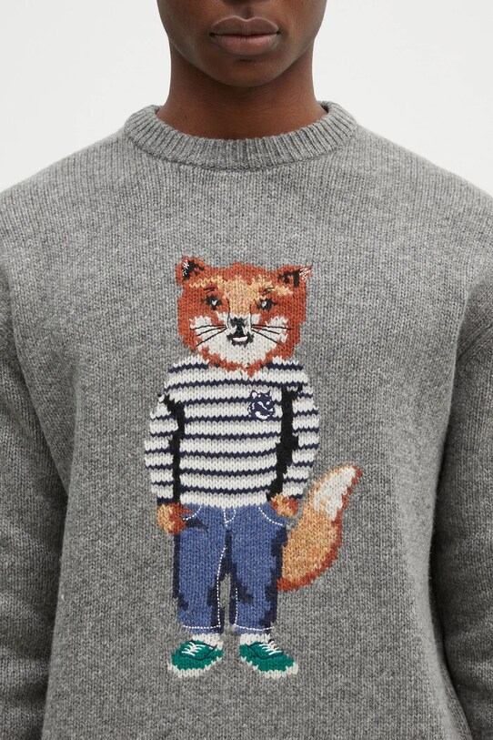 Vlněný svetr Maison Kitsuné Dressed Fox Intarsia šedá NM00809KH0002
