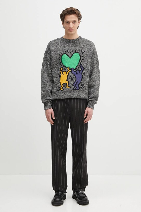 Wacko Maria sweter wełniany x Keith Haring KH.WM.KN03 szary