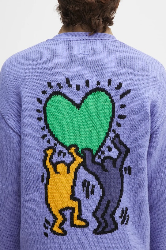 Wacko Maria kardigan wełniany x Keith Haring fioletowy KH.WM.KN04