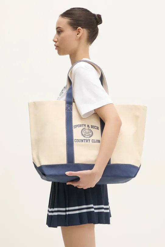 Sporty & Rich cotton handbag Varsity Crest Two Tone Tote non-detachable strap beige BA006516218BE06