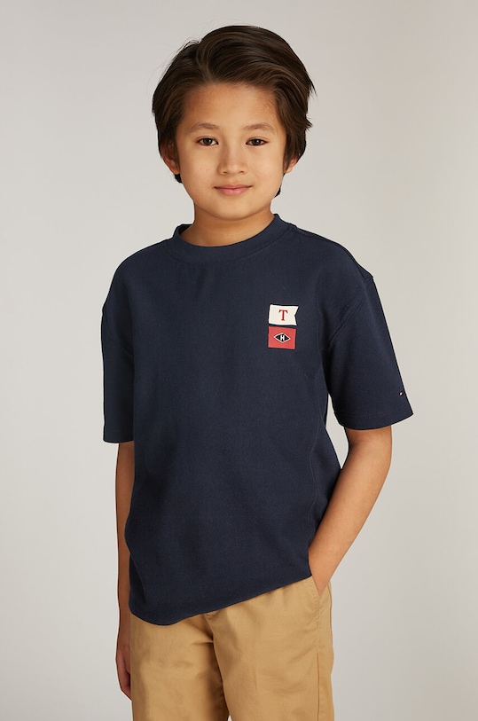 Otroška bombažna kratka majica Tommy Hilfiger Okrogel mornarsko modra KB0KB09280.9BYH.128.176