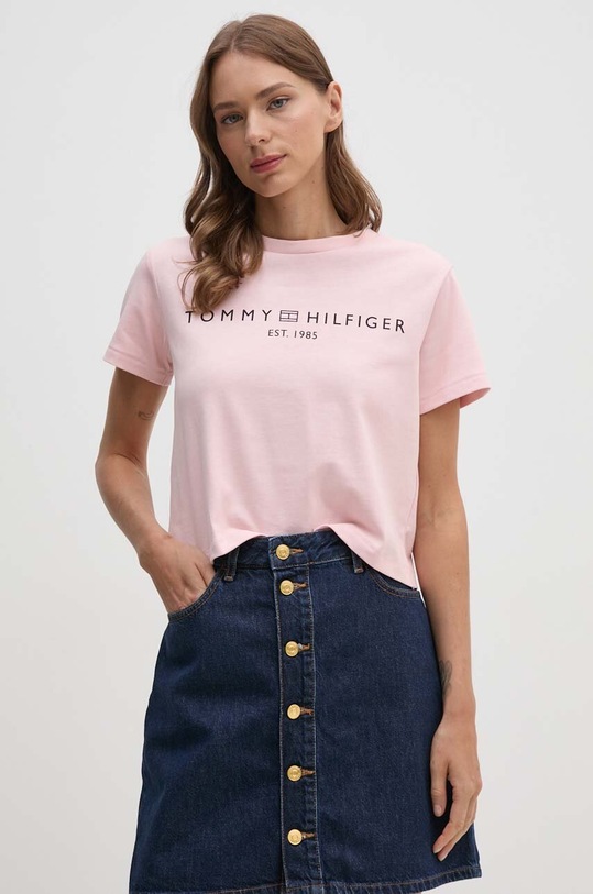 Bavlněné tričko Tommy Hilfiger potisk růžová WW0WW39782