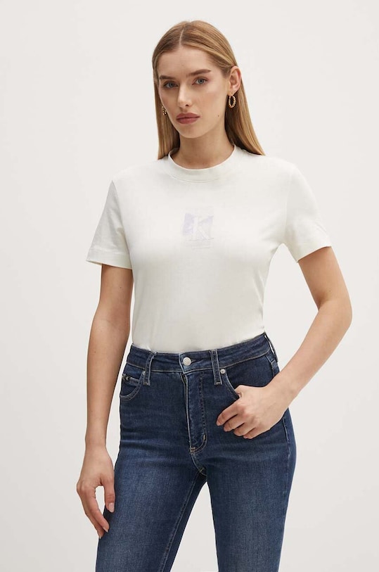 Памучна тениска Calvin Klein Jeans стандартна бежов J20J223908