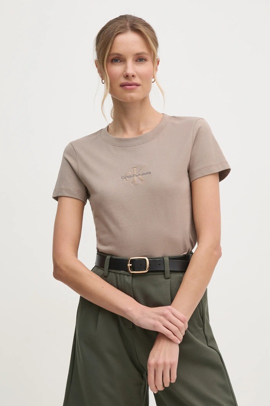 Бавовняна футболка Calvin Klein Jeans slim бежевий J20J223563