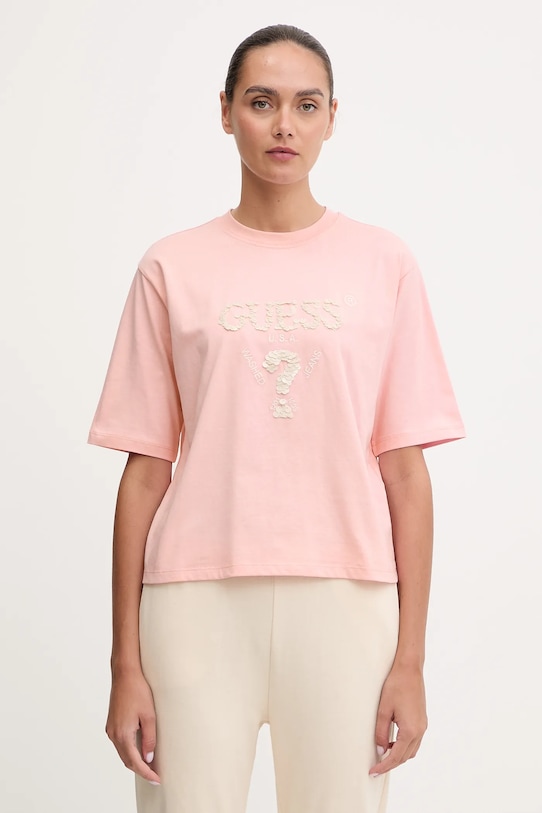 Guess t-shirt bawełniany AURLIE aplikacja różowy V4YI06.I3Z14