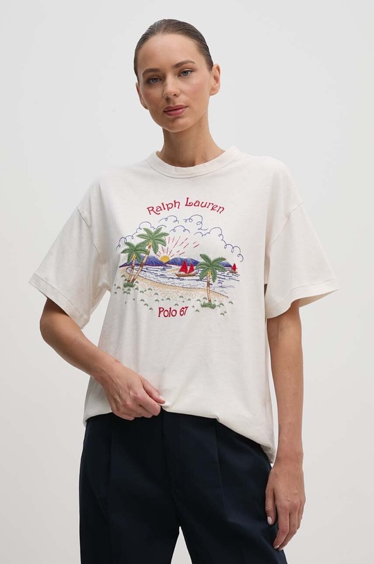 Tričko s příměsí lnu Polo Ralph Lauren s příměsí lnu béžová 211935617