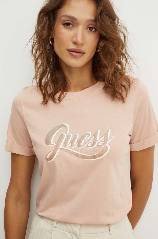 Guess t-shirt bawełniany GLITTERY nadruk pomarańczowy W4YI09.JA914