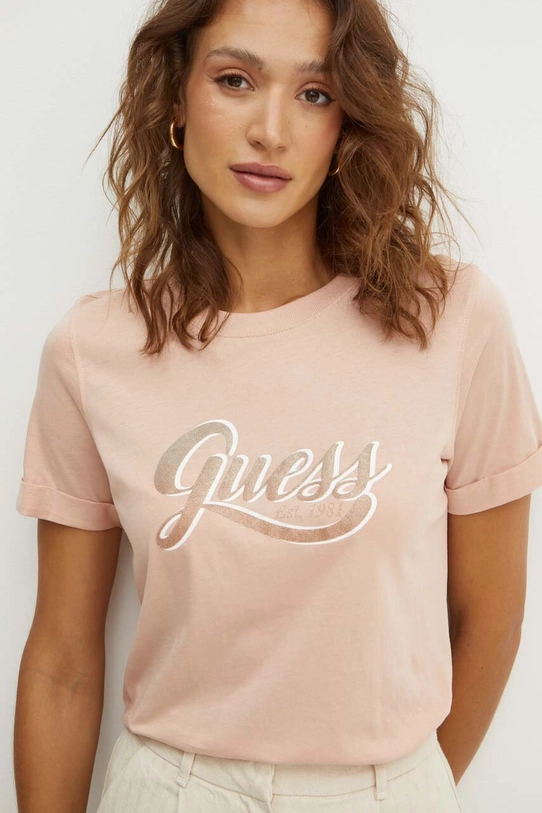 Guess t-shirt bawełniany GLITTERY nadruk pomarańczowy W4YI09.JA914