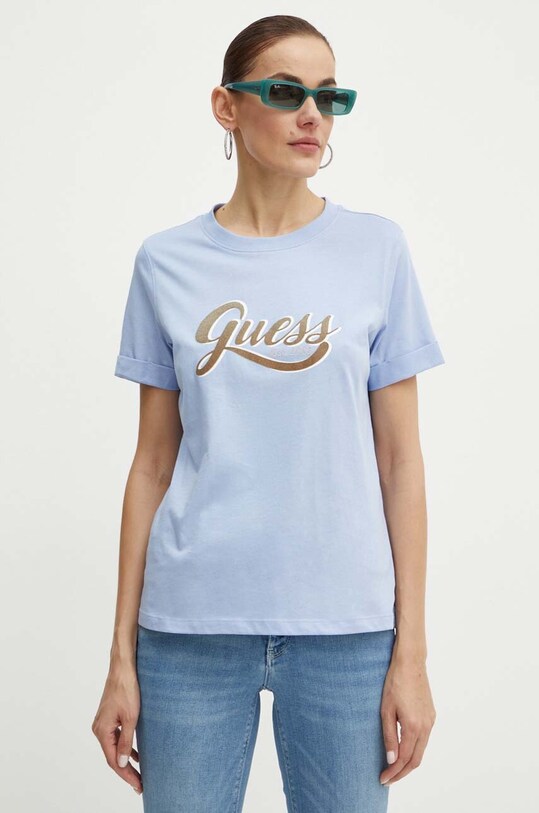 Guess t-shirt bawełniany GLITTERY nadruk niebieski W4YI09.JA914