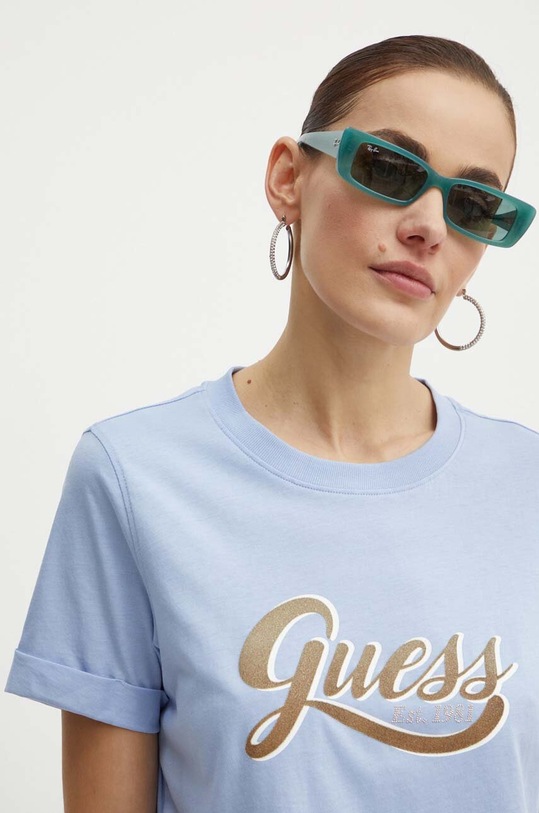 Guess t-shirt bawełniany GLITTERY niebieski W4YI09.JA914