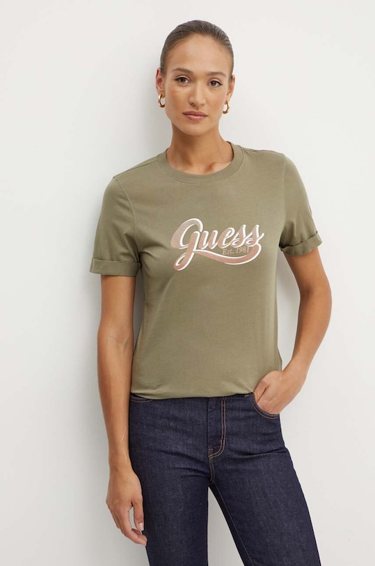 Guess t-shirt bawełniany GLITTERY nadruk zielony W4YI09.JA914