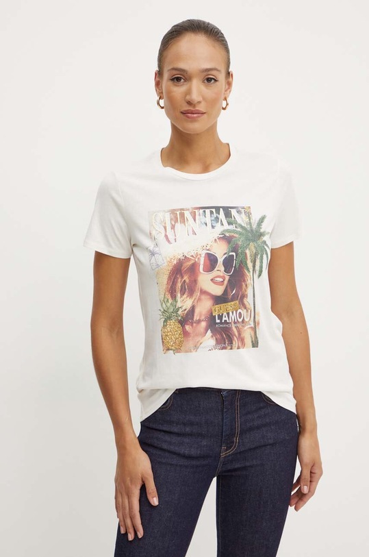 Guess t-shirt bawełniany SUTAN nadruk beżowy W4YI46.K9RM1