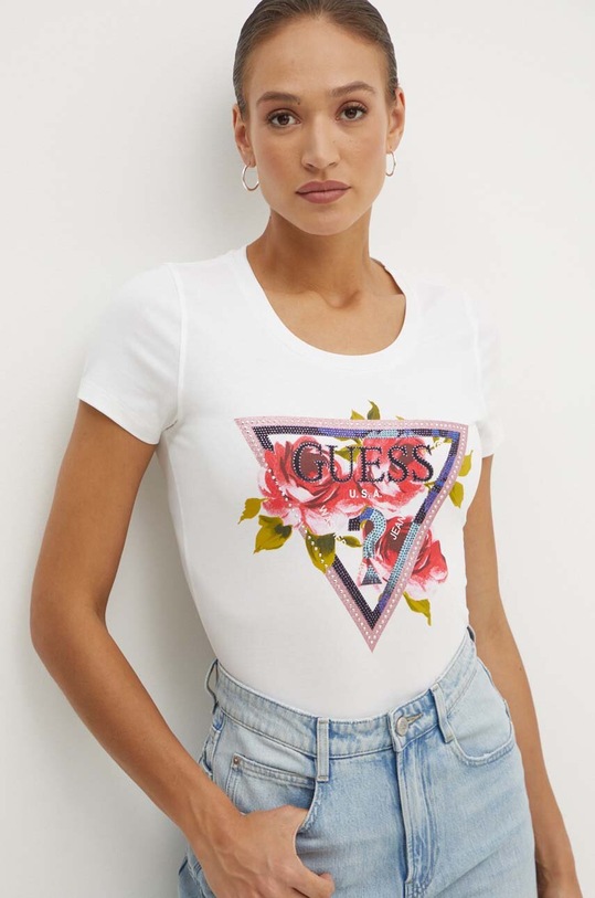 Guess t-shirt ROSES z elastanem beżowy W4YI71.J1314