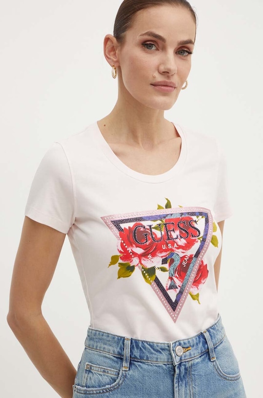 Guess t-shirt ROSES z elastanem różowy W4YI71.J1314