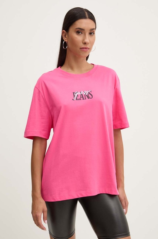 Guess Jeans tricou din bumbac imprimeu roz W4YI07.K8HM0