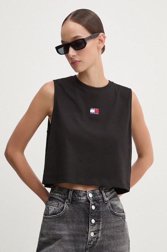 Bavlněný top Tommy Jeans nášivka černá DW0DW18422
