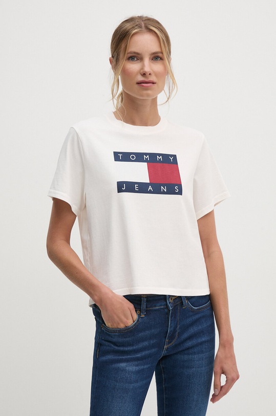 Bavlněné tričko Tommy Jeans potisk béžová DW0DW18629