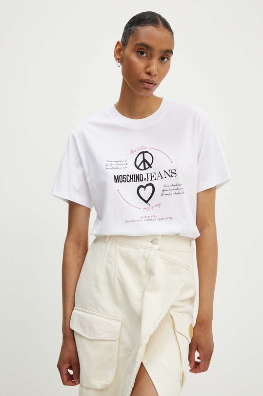 Bavlněné tričko Moschino Jeans kulatý bílá 0707.8237