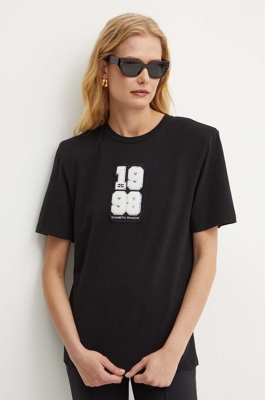 Bavlněné tričko Elisabetta Franchi nášivka černá MA01346E2