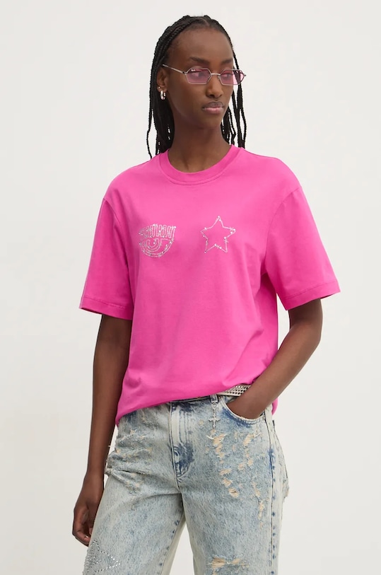 Bavlněné tričko Chiara Ferragni kulatý růžová 77CBHK10