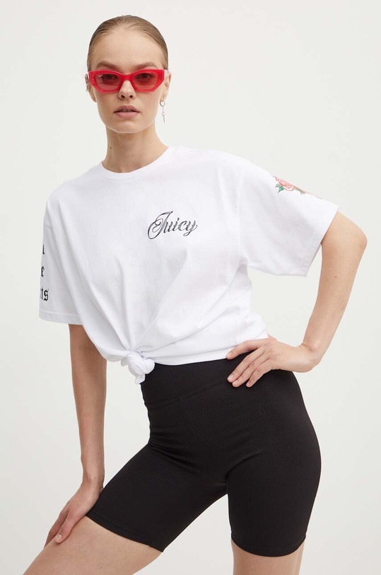 Juicy Couture t-shirt bawełniany ROSE UNISEX T-SHIRT nadruk biały JCBCT224804.117