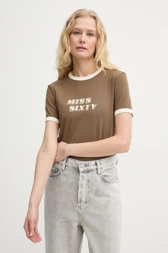 Miss Sixty t-shirt z elastanem brązowy 6L3SJ3760000