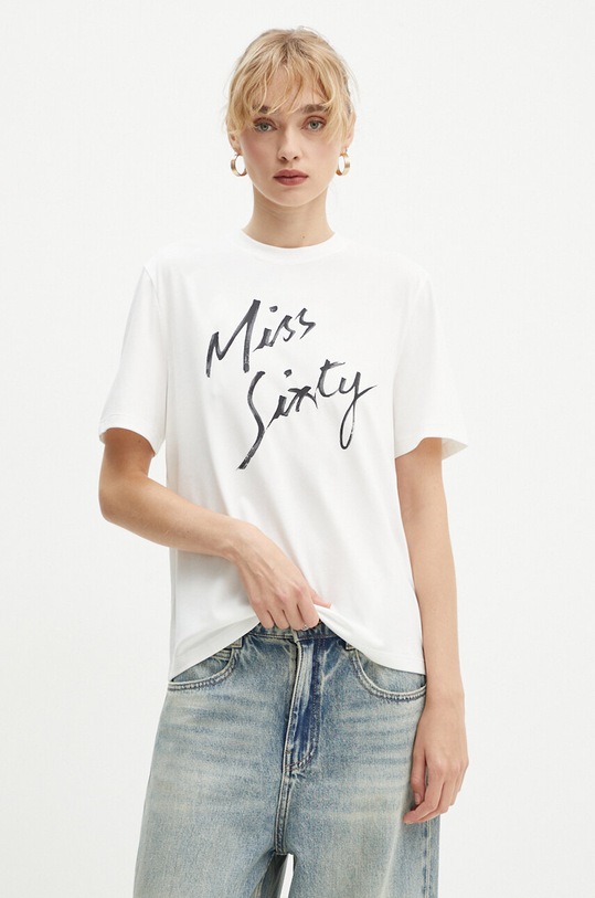 Miss Sixty t-shirt z domieszką jedwabiu pozostałe beżowy 6L3SJ3780000