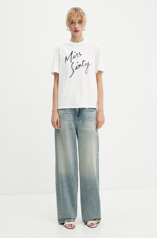 Miss Sixty t-shirt z domieszką jedwabiu 6L3SJ3780000 beżowy AW24