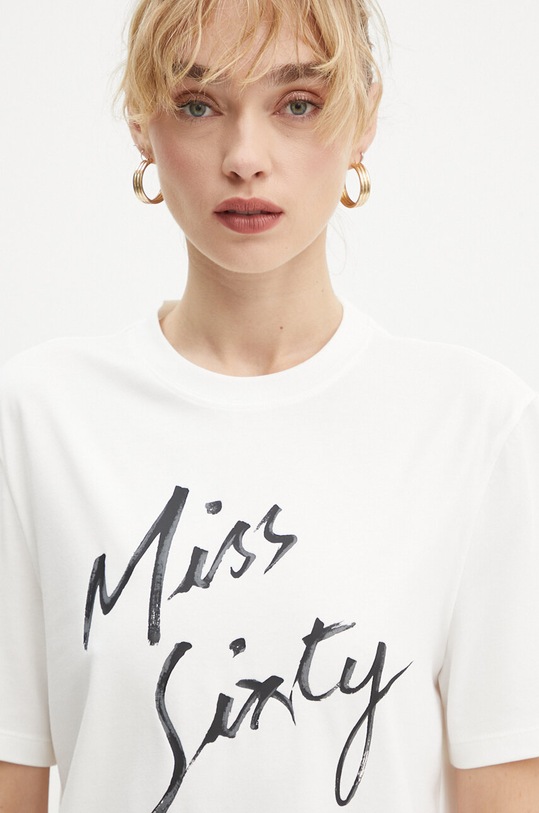 Miss Sixty t-shirt z domieszką jedwabiu beżowy 6L3SJ3780000