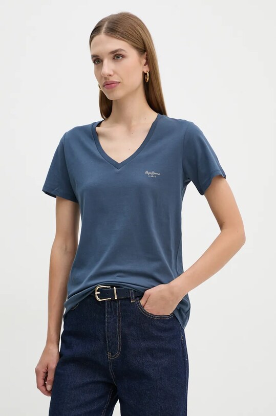 Хлопковая футболка Pepe Jeans FIORE V NECK тёмно-синий PL505948