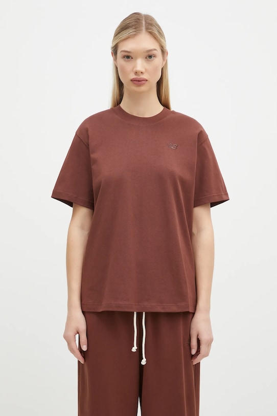 Pamučna majica New Balance Athletics Jersey bez uzorka smeđa WT41501ROK