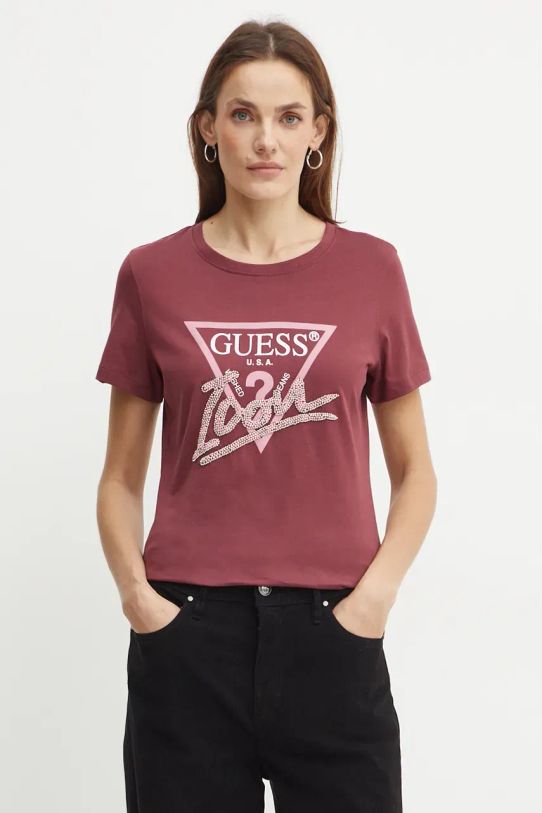 Guess t-shirt bawełniany nadruk bordowy W4BI20.I3Z14