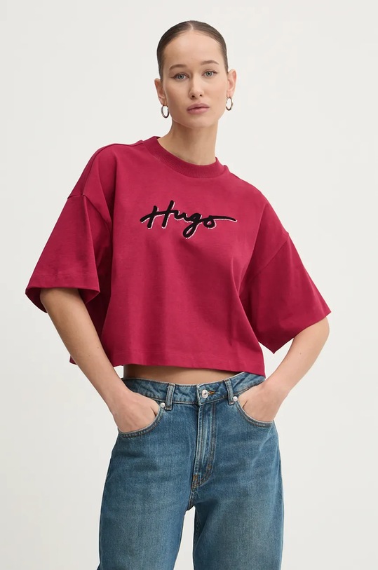 Bavlněné tričko HUGO kulatý červená 50525278