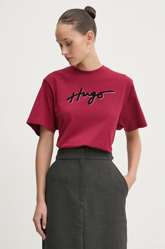 Βαμβακερό μπλουζάκι HUGO απλικέ μπορντό 50528585