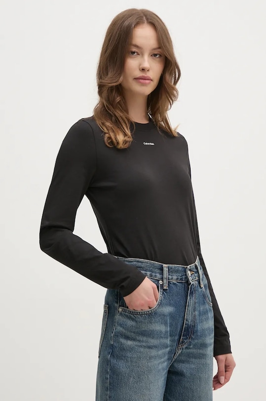 Calvin Klein longsleeve din bumbac uni negru K20K207520