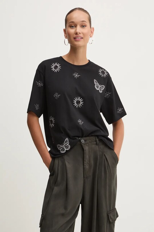 Desigual t-shirt bawełniany TAROT aplikacja czarny 24WWTK96