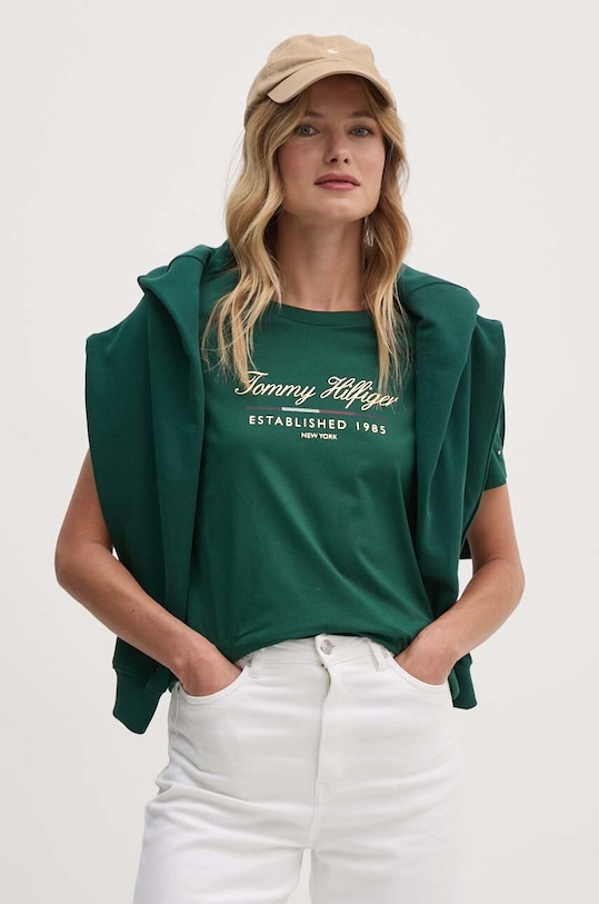 Bavlněné tričko Tommy Hilfiger potisk zelená WW0WW43502