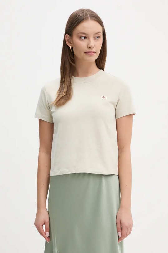 Bavlněné tričko Calvin Klein Jeans hladký béžová J20J224202