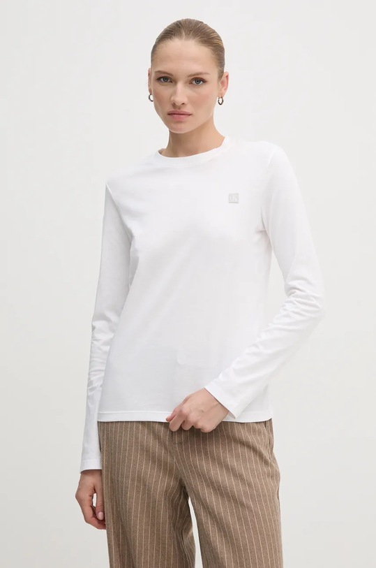 Bavlněné tričko s dlouhým rukávem Calvin Klein Jeans hladký bílá J20J224549