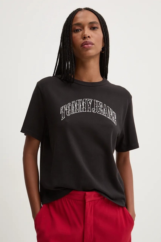 Bombažna kratka majica Tommy Jeans Okrogel črna DW0DW19717