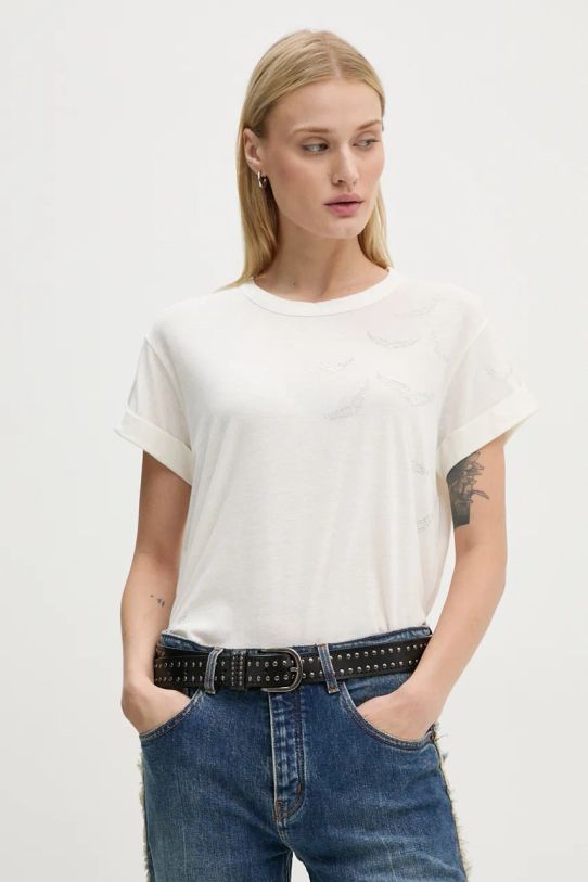 ZADIG&VOLTAIRE t-shirt z domieszką lnu aplikacja biały JWTS01663