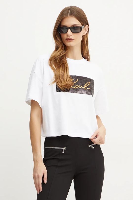 Bavlněné tričko Karl Lagerfeld kulatý bílá 246W1708